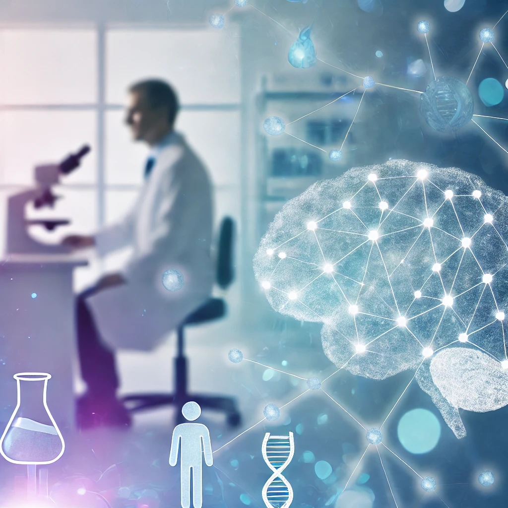 Digital artwork depicting Alzheimer Clinical Trials with a brain illustration connected by neural pathways, symbolizing research and advancement, set in a scientific lab environment with a researcher in the background and soft radiant light conveying hope and progress.